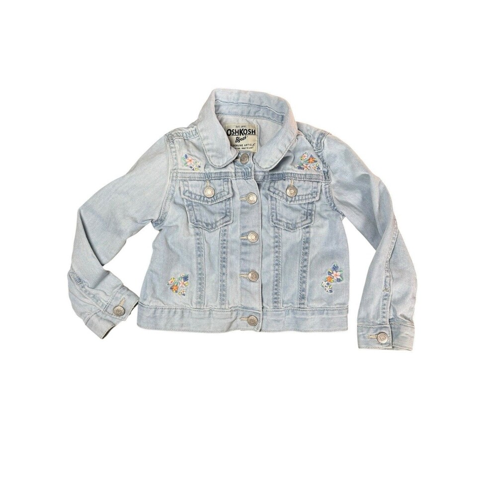 OshKosh B’gosh Denim Jacket Girls 3T Flowers Snap Front Light Wash Embroidered